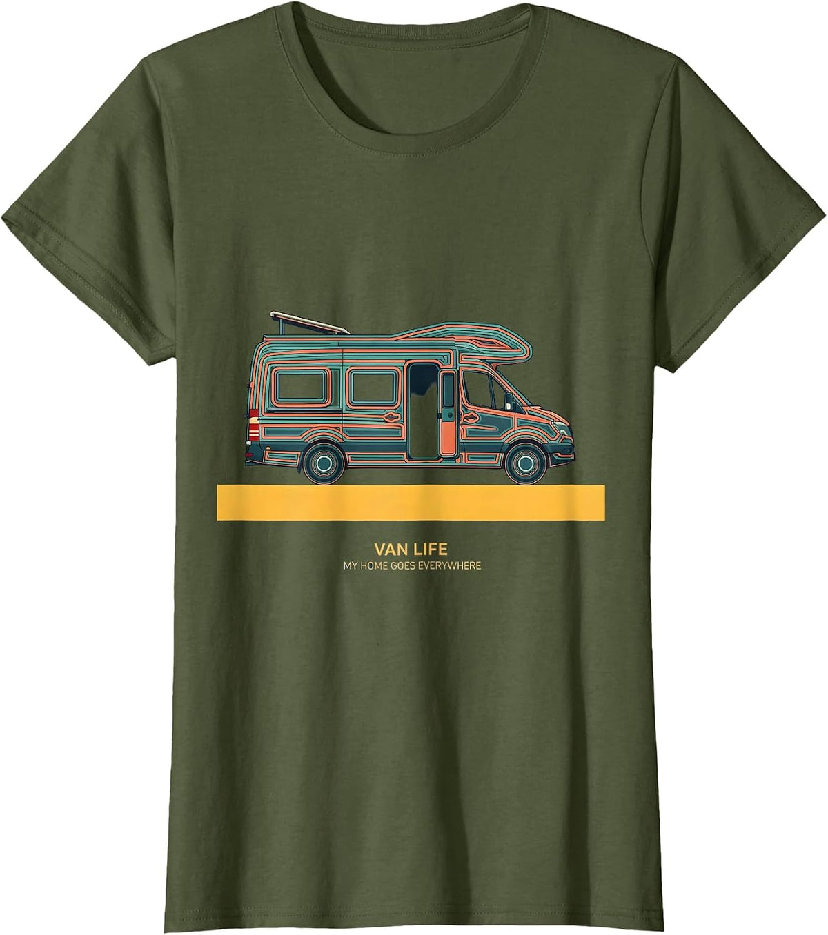 Women's Van Life My Home Goes Everywhere Retro Camper Nomad Pride T-Shirt - Olive Green