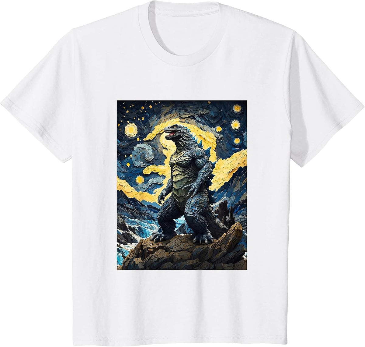 Japanese Monster Kaiju in Van Gogh Starry Night T-Shirt - White