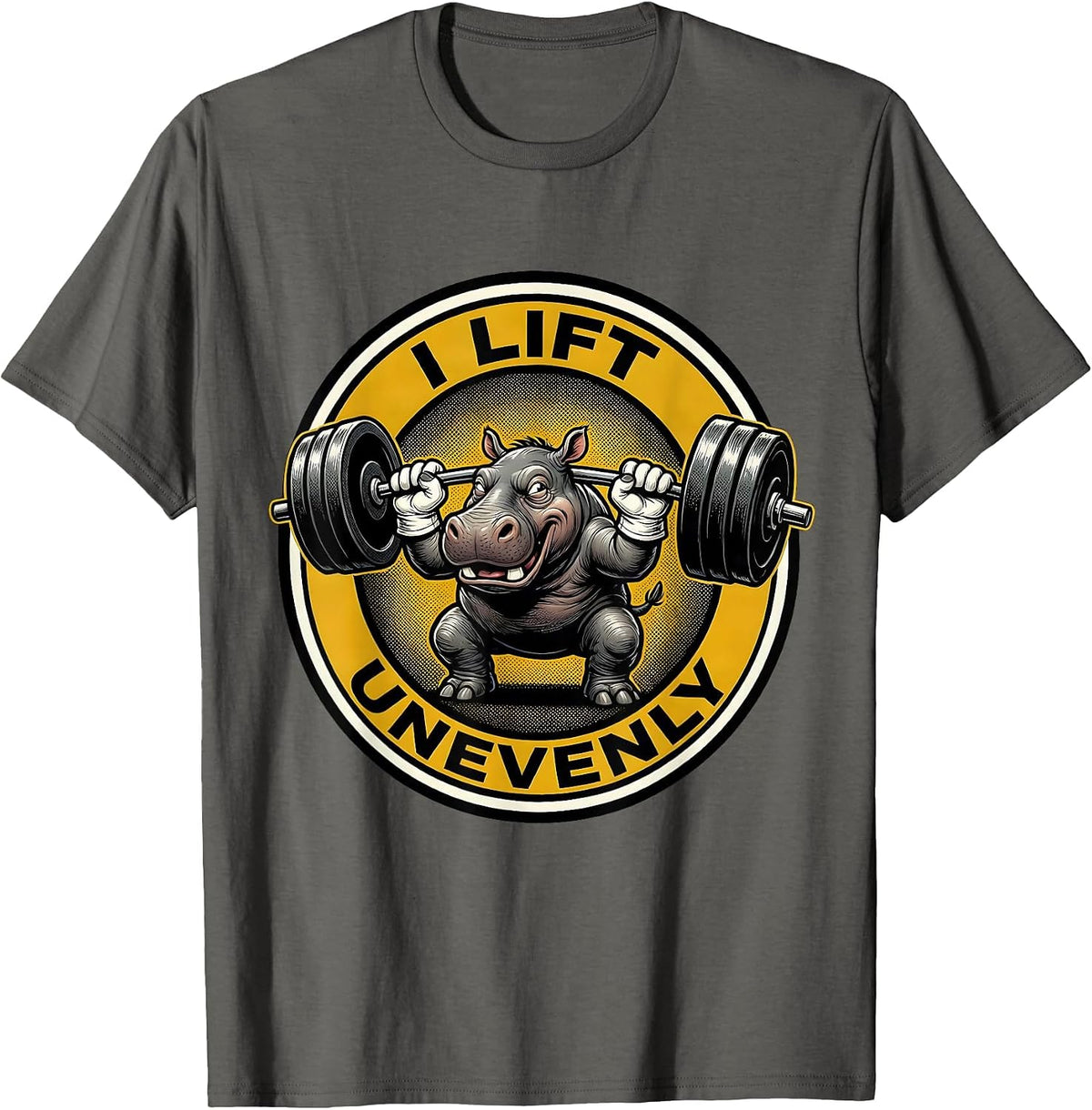 I Lift, Unevenly Retro Cartoon Funny Gym Weightlifting T-Shirt - Asphalt Grey