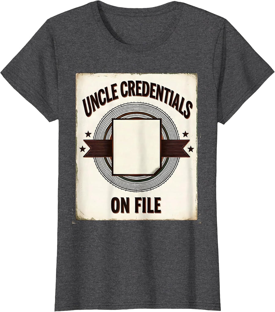 Women's Uncle Credentials On File Vintage Funny Uncle Godfather Gift T-Shirt - Dark Heather Grey