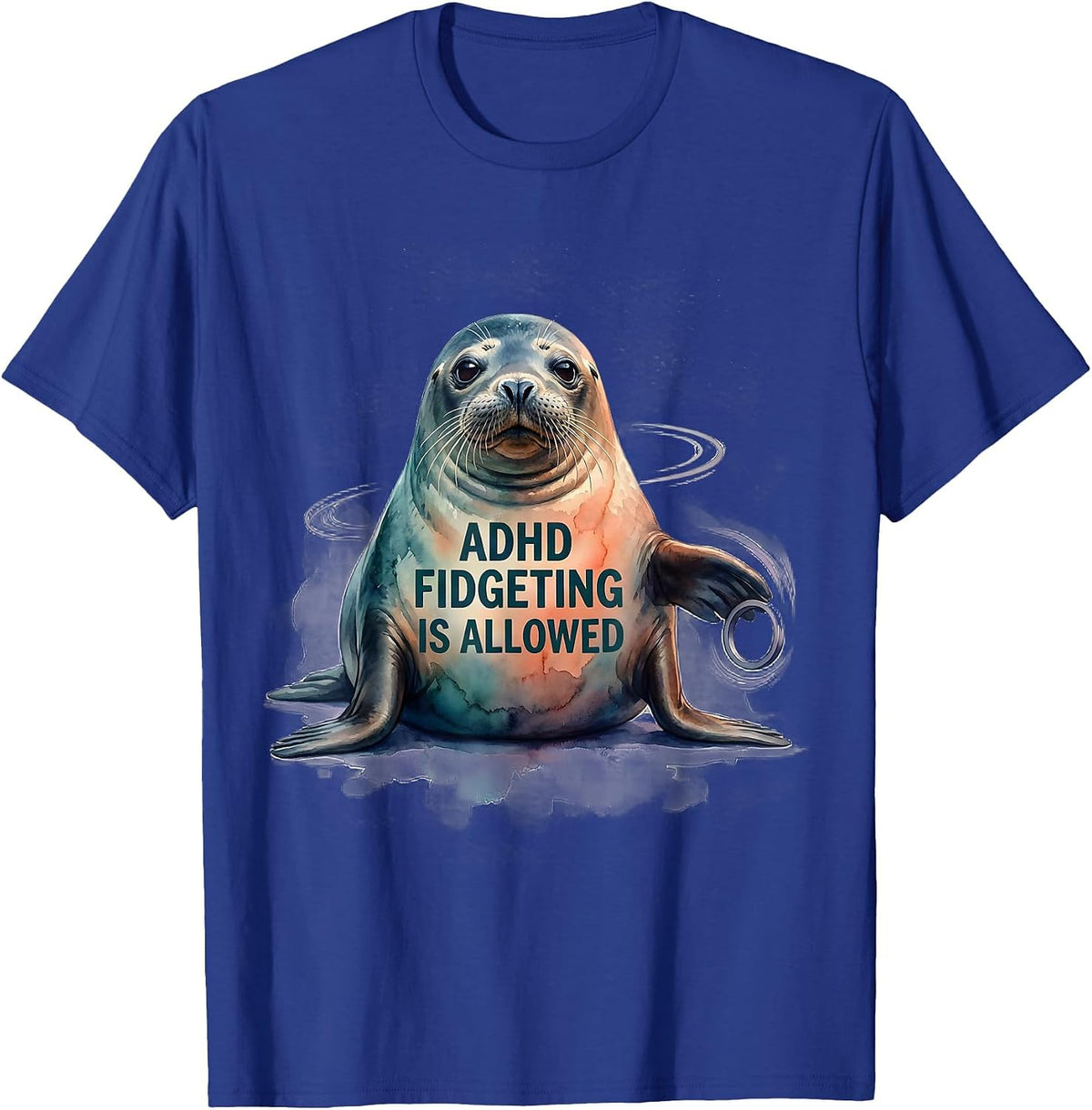 Men's ADHD Fidgeting Is Allowed Watercolor Seal Neurodivergent T-Shirt - Royal Blue