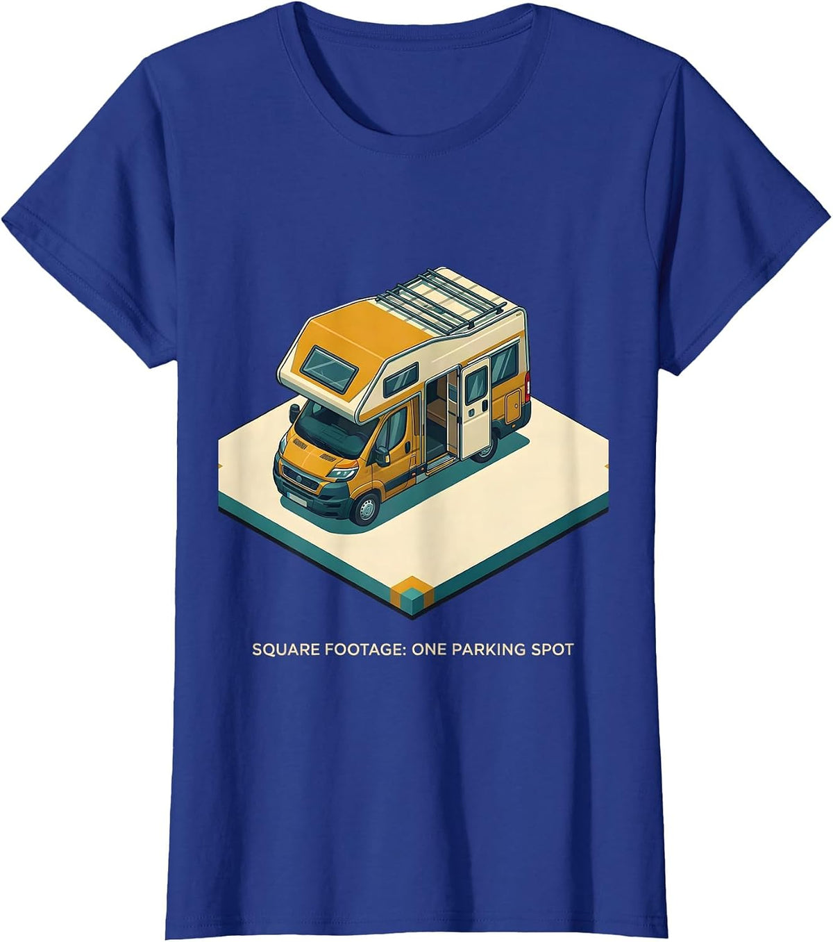 Women's Square Footage: One Parking Spot Retro Van Life Camper Van T-Shirt - Royal Blue