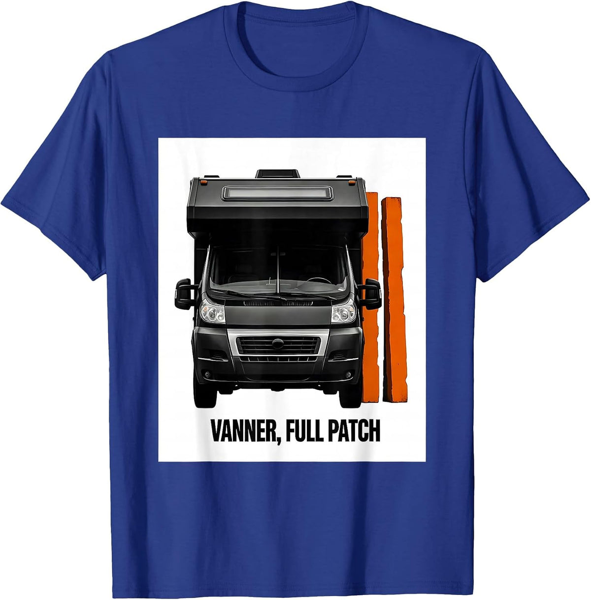 VANNER, FULL PATCH Brutalist Van Life Nomad Retro Humor T-Shirt - Royal Blue