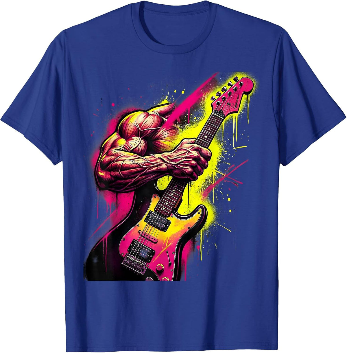 Men's 80s Rock Guitar Grip Illustration T-Shirt - Royal Blue