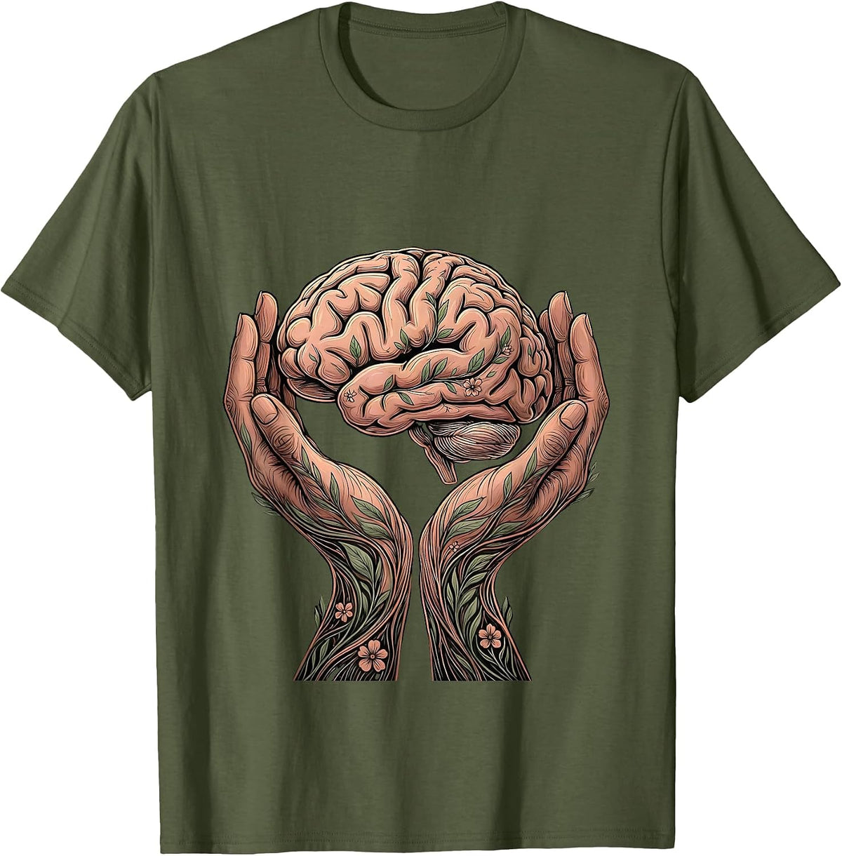 Men's Cupped Hands Glowing Brain Mental Health Graphic T-Shirt - Olive Green
