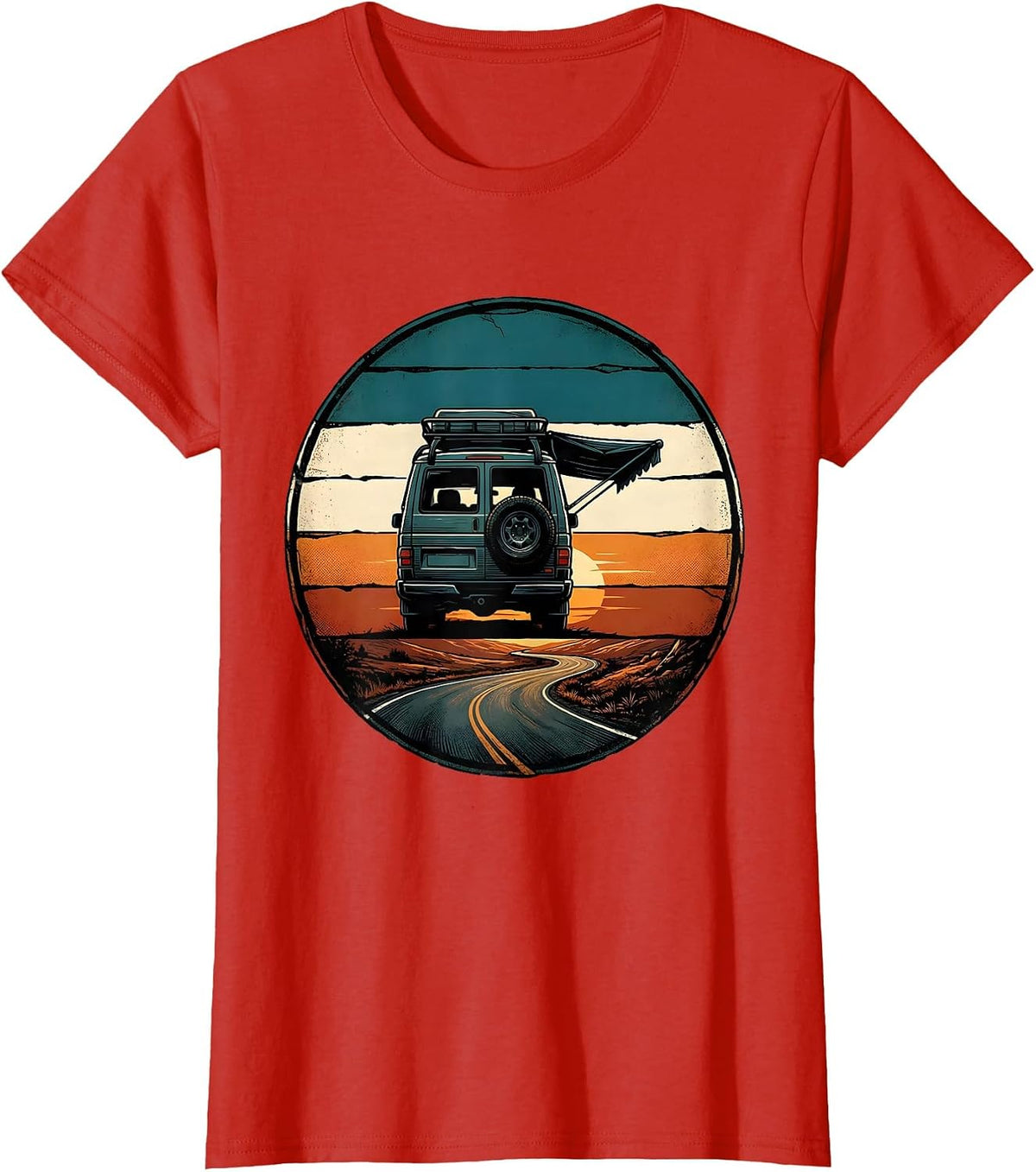 Retro Camper Van Life Road Trip Badge T-Shirt - Red