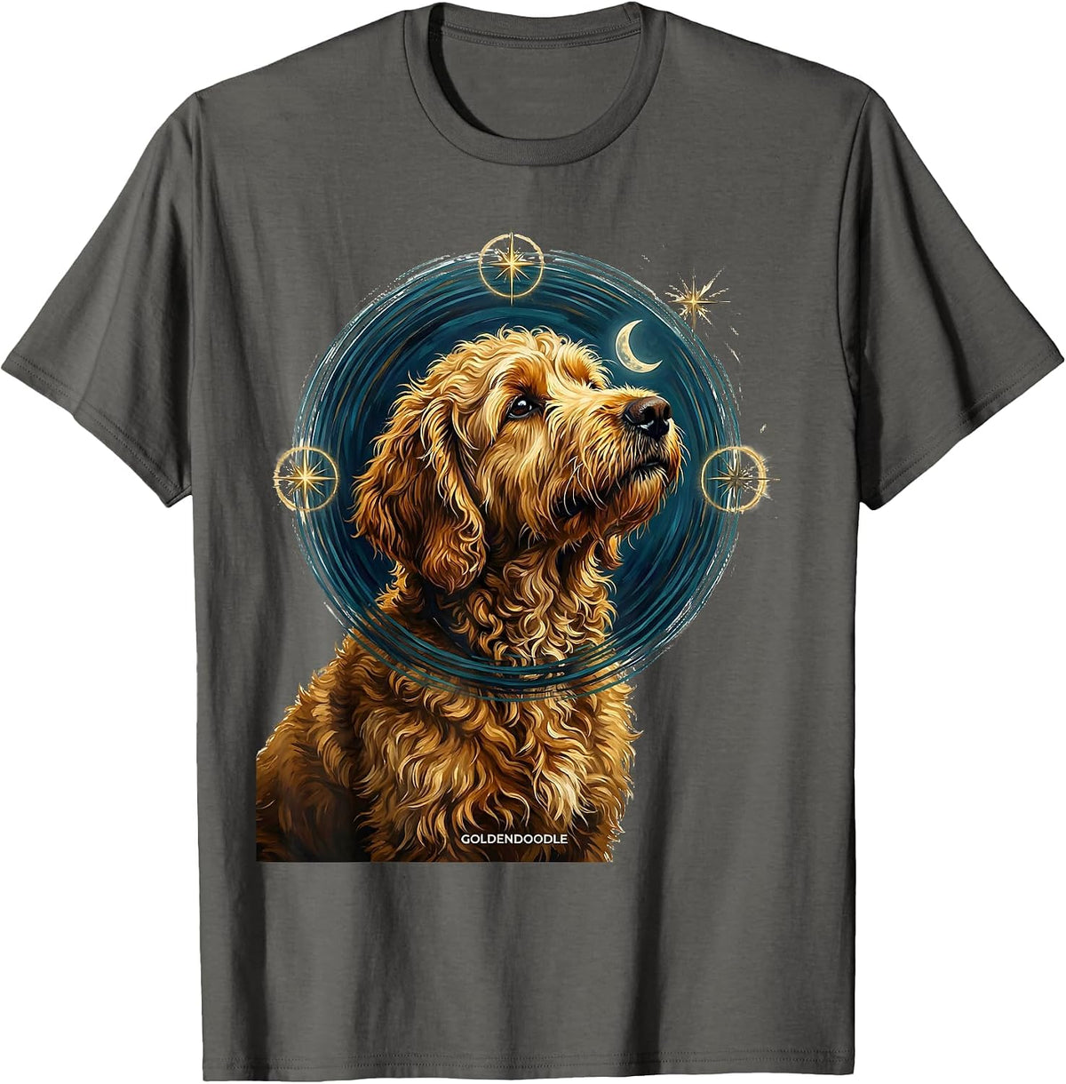 GOLDENDOODLE Van Gogh Style Starry Night Dog Portrait Art T-Shirt - Asphalt Grey