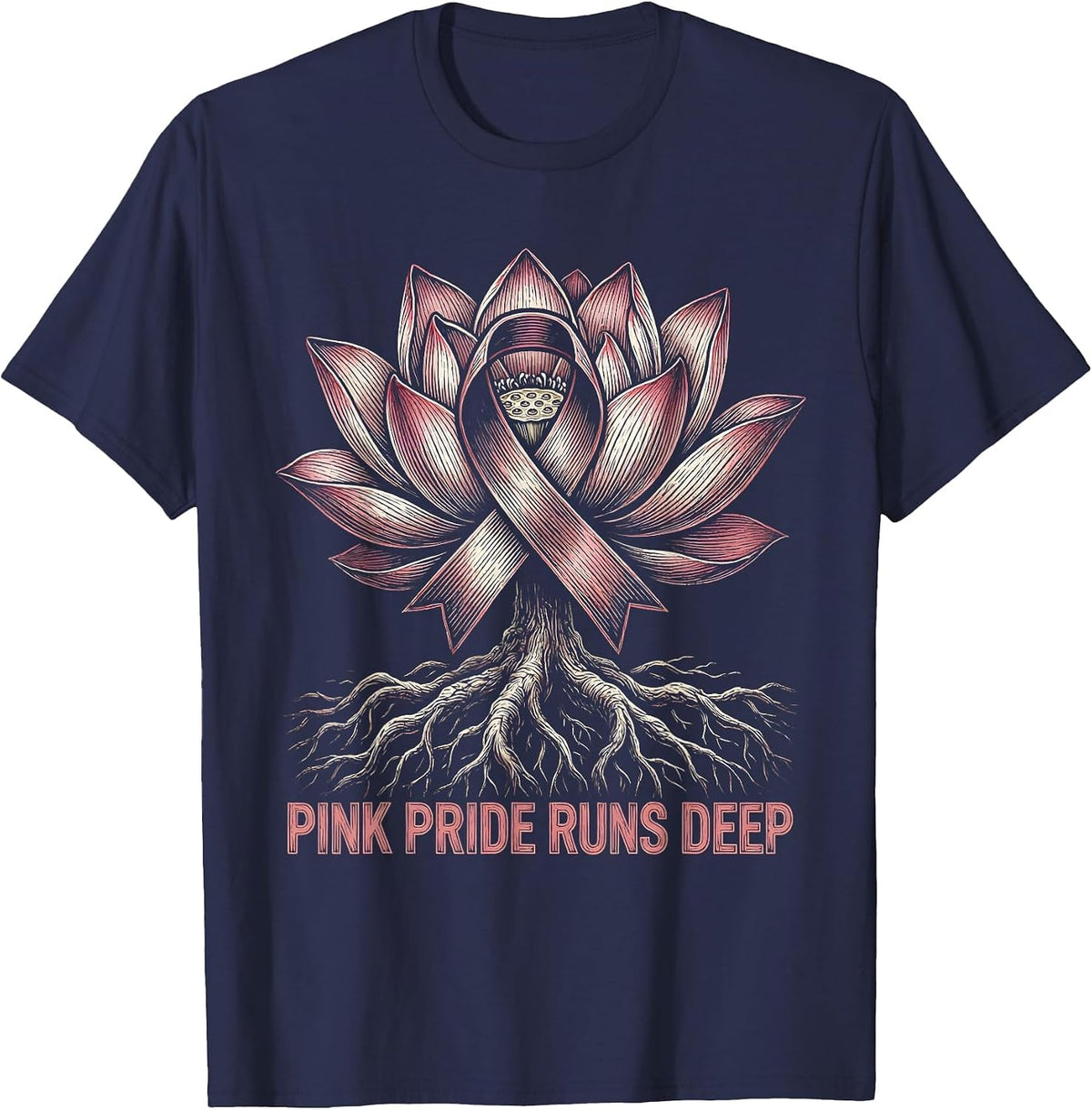 Men's Pink Pride Runs Deep Breast Cancer Awareness T-Shirt - Navy Blue