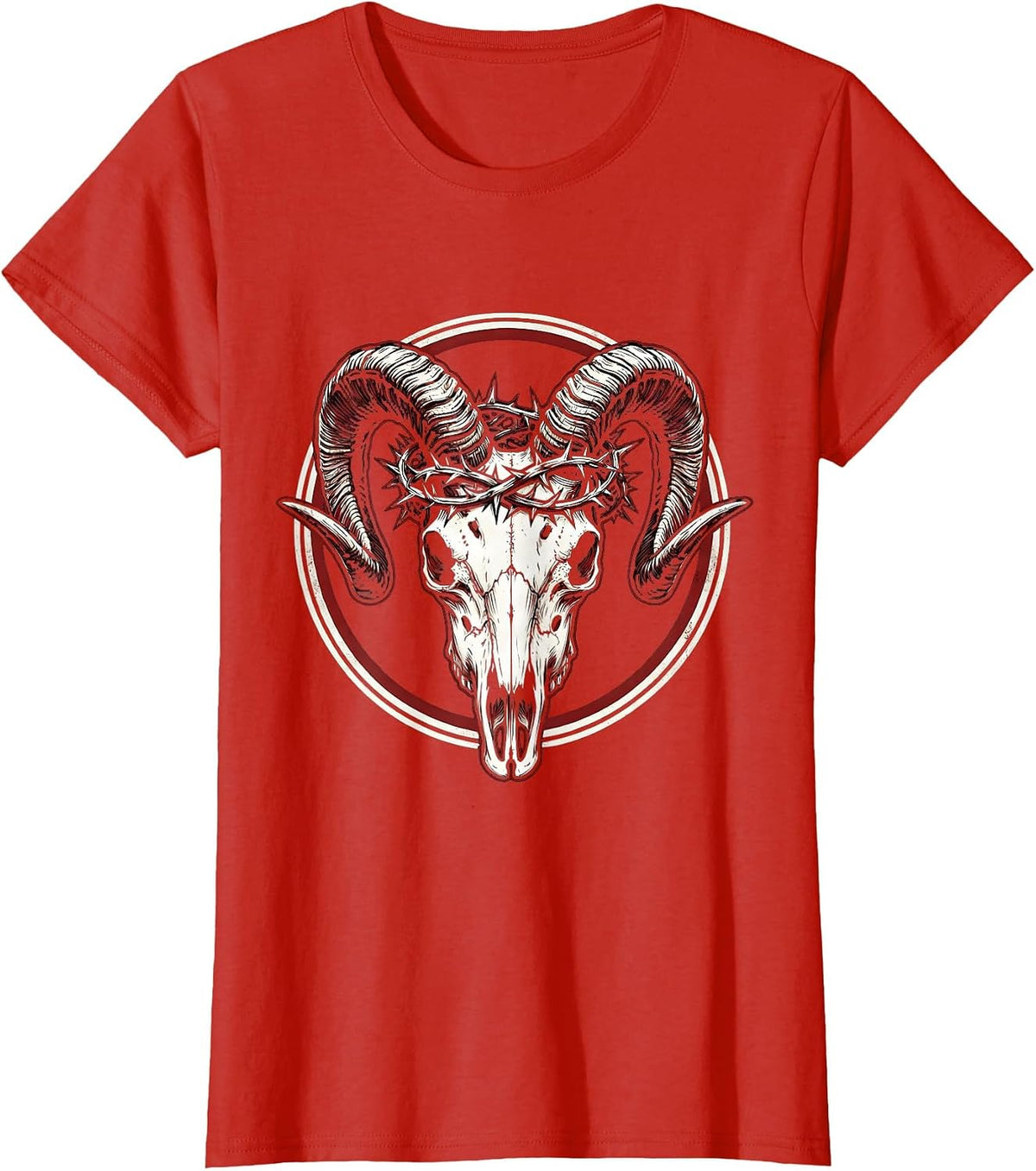 Goat Skull Crowned With Thorns Death Metal Art T-Shirt - Red