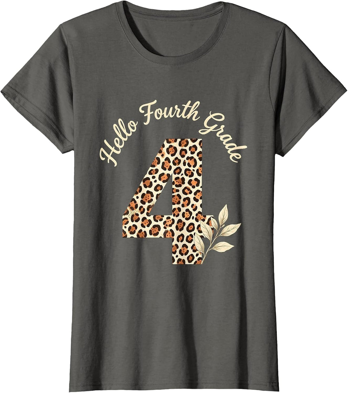 Women's Hello Fourth Grade Leopard Teacher Student Back To School T-Shirt - Asphalt Grey