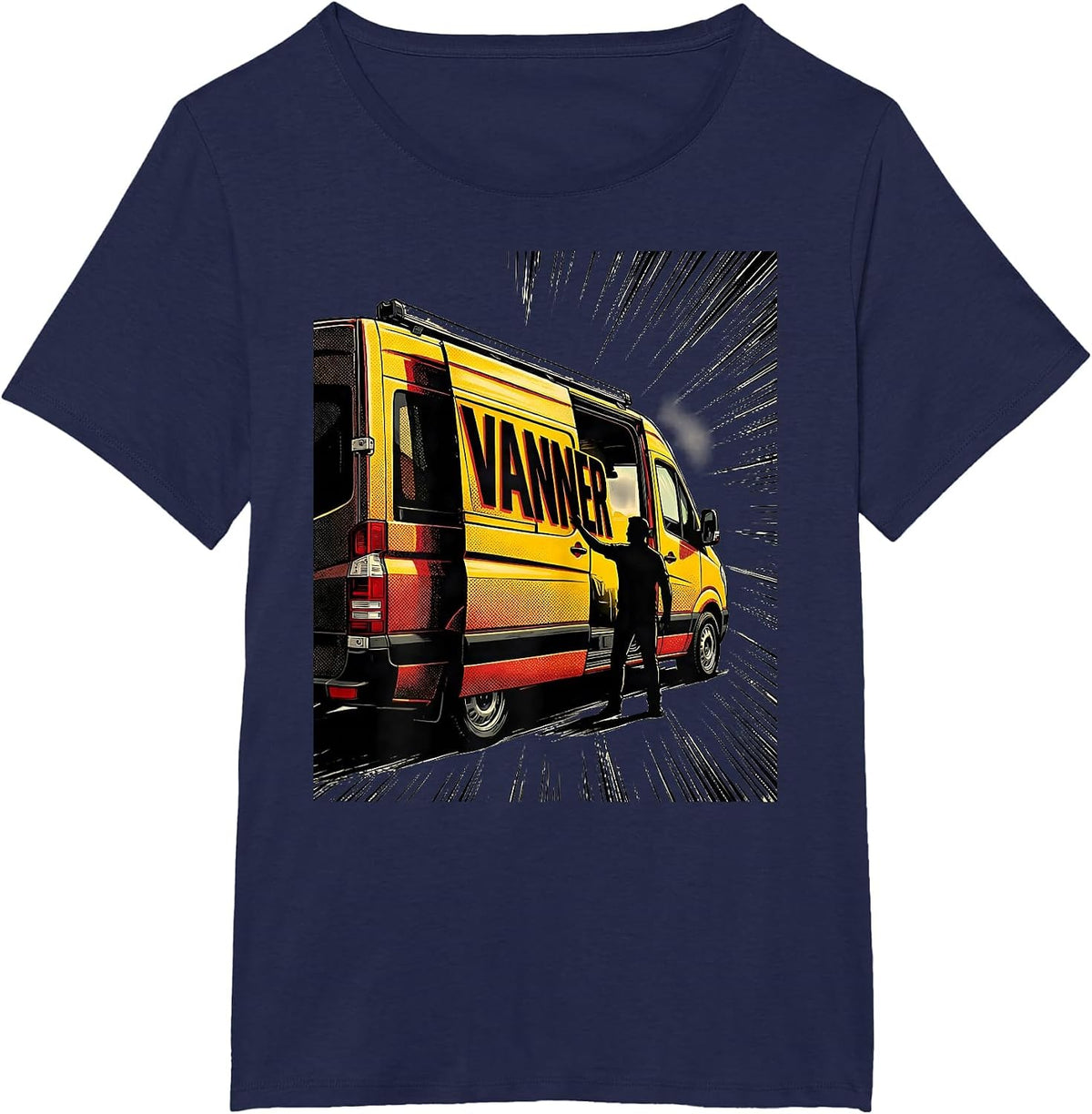Women's Vanner Comic Book Van Life Road Trip Camper Van Enthusiast T-Shirt - Navy Blue