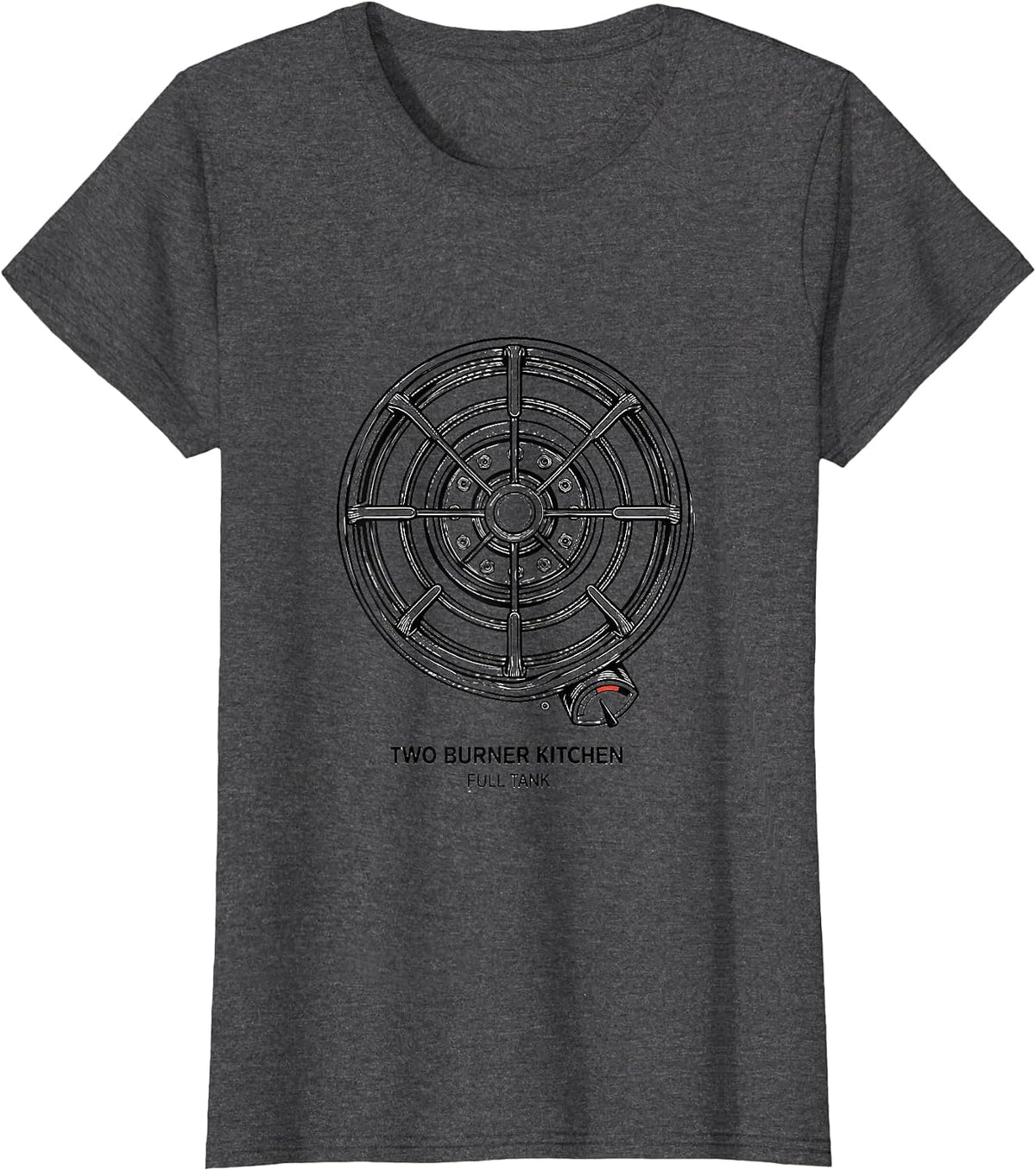 Women's Two Burner Kitchen, Full Tank Retro Van Life Van Dwellers T-Shirt - Dark Heather Grey