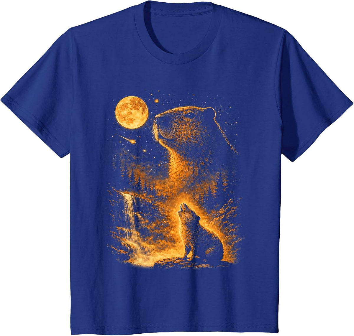 Vintage Capybara Howling At The Moon Meme 90s Animal Graphic T-Shirt - Royal Blue