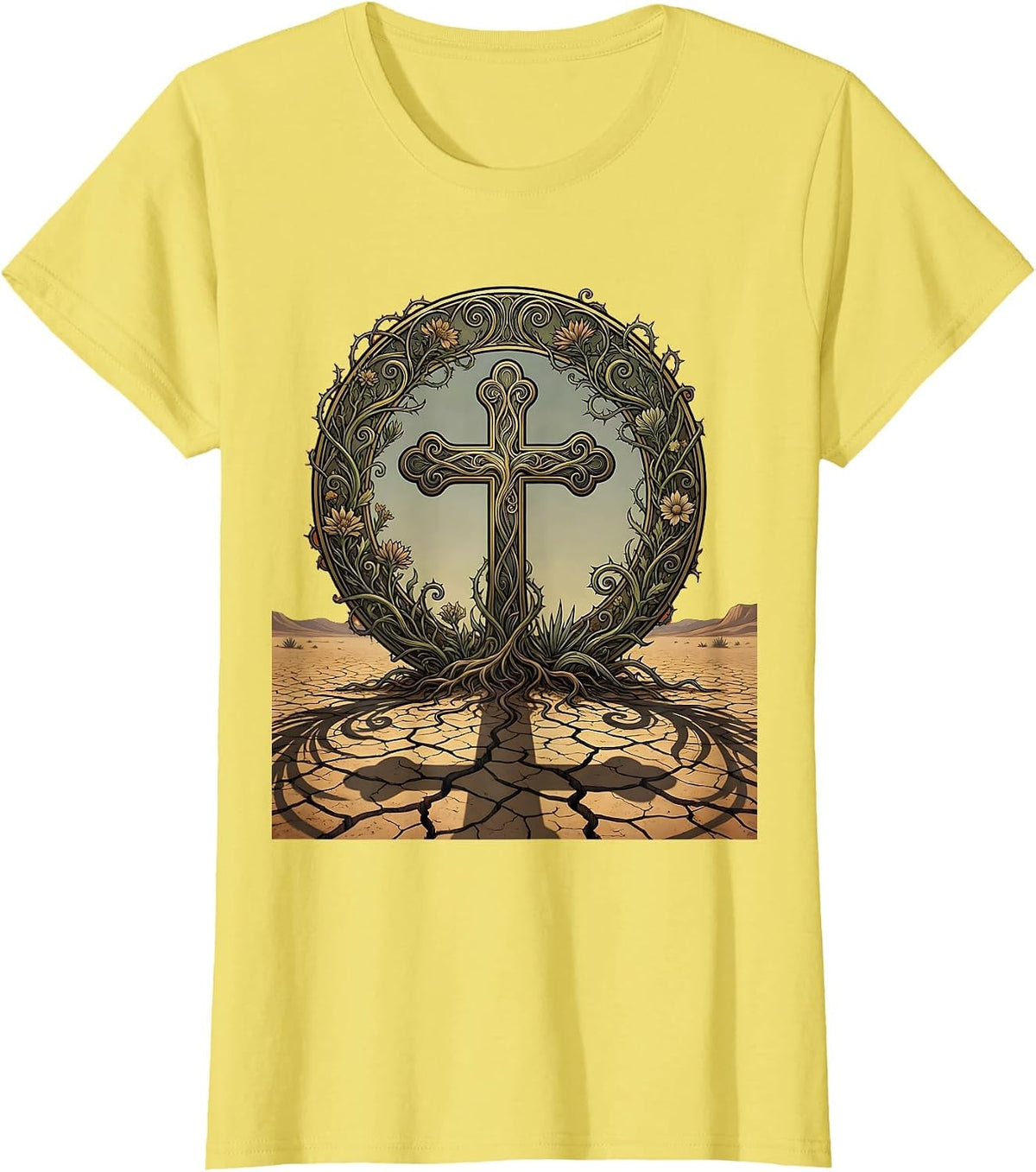 Cross Shadow on Cracked Desert Ground Graphic T-Shirt - Lemon Yellow
