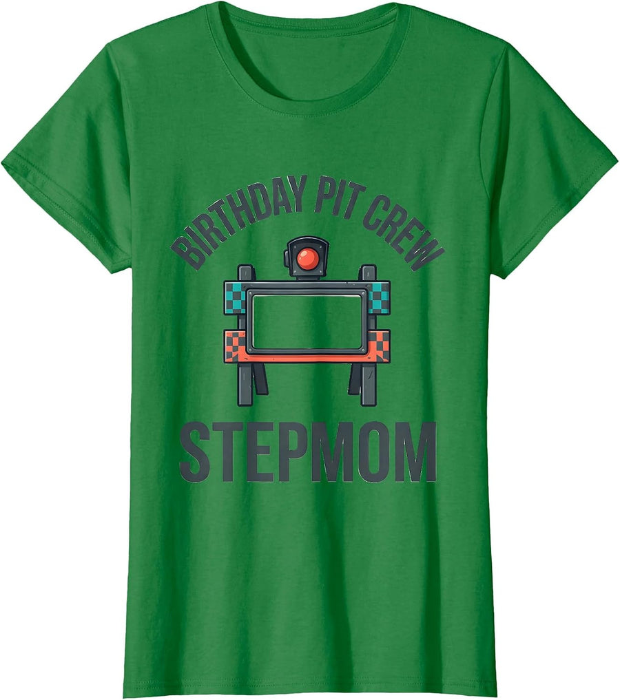 Women's Birthday Pit Crew Stepmom Family Matching Race Car Party T-Shirt - Kelly Green