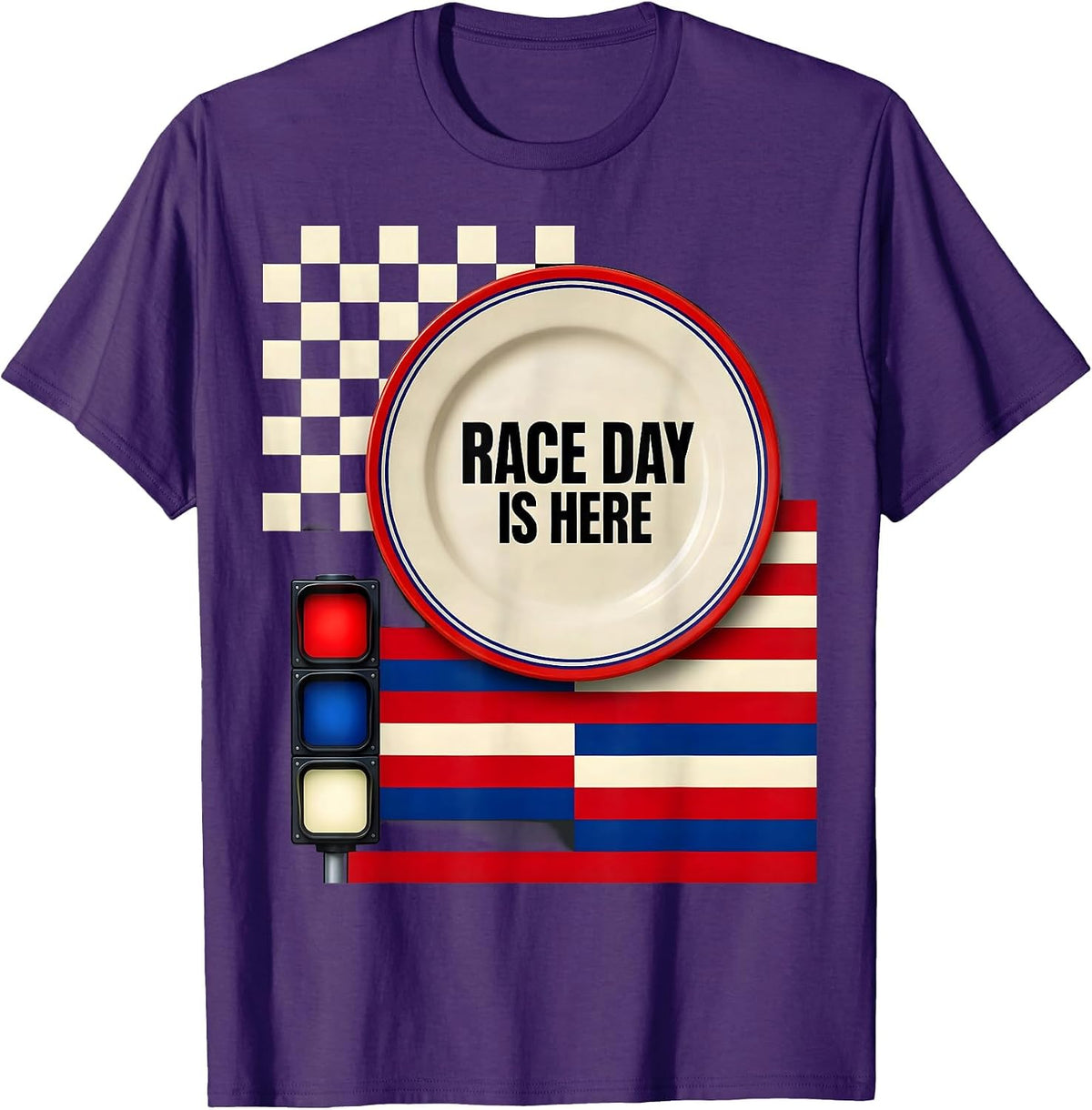 Race Day Is Here Patriotic Drag Racing Checkered Flag T-Shirt - Purple