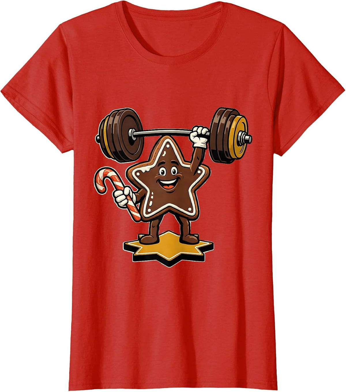 Women's Iced Star-Cookie Grinning Gym Mascot Retro Christmas T-Shirt - Red