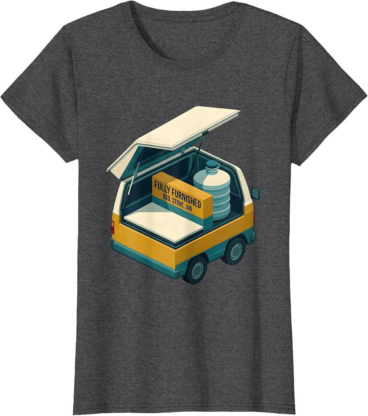 Women's Fully Furnished: Bed, Stove, Jug Retro Van Life Camper Van T-Shirt - Dark Heather Grey