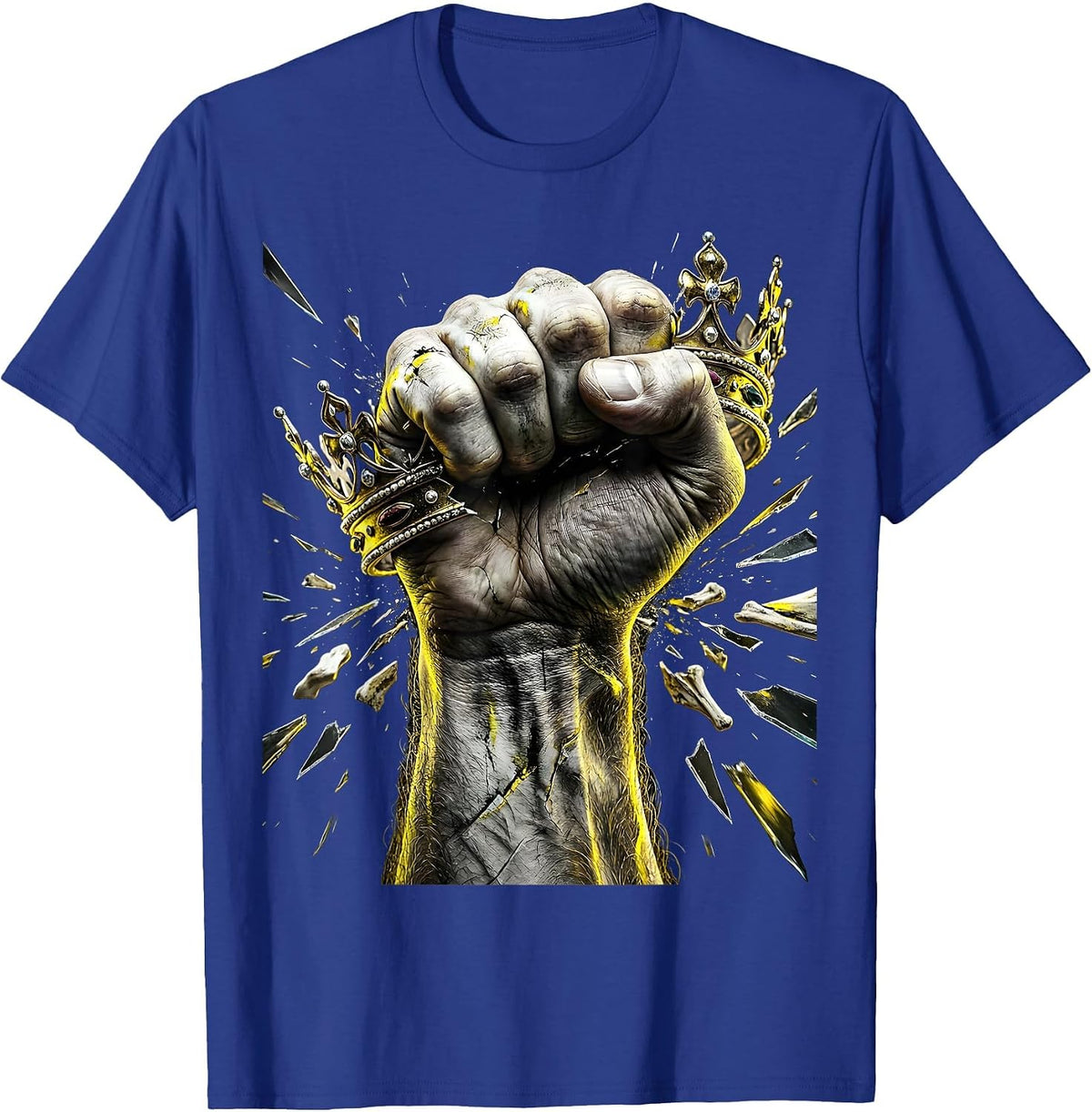 Worker's Fist Crushing Crown Labor Power Art T-Shirt - Royal Blue