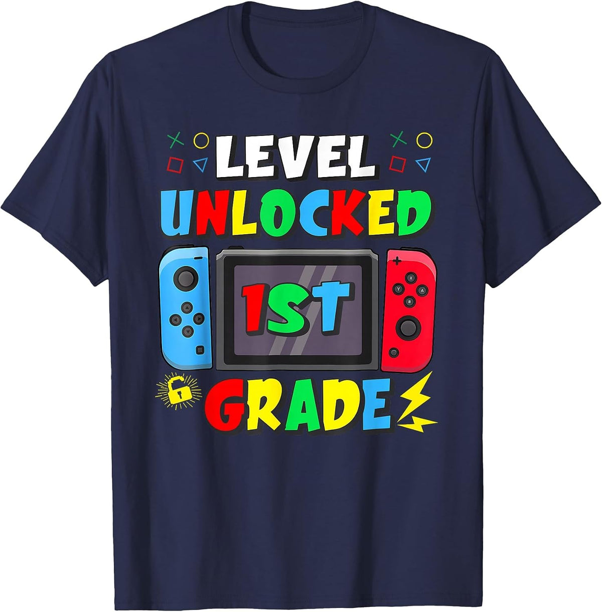 First Day of 1st Grade Level Unlocked Game Back to School T-Shirt - Navy Blue