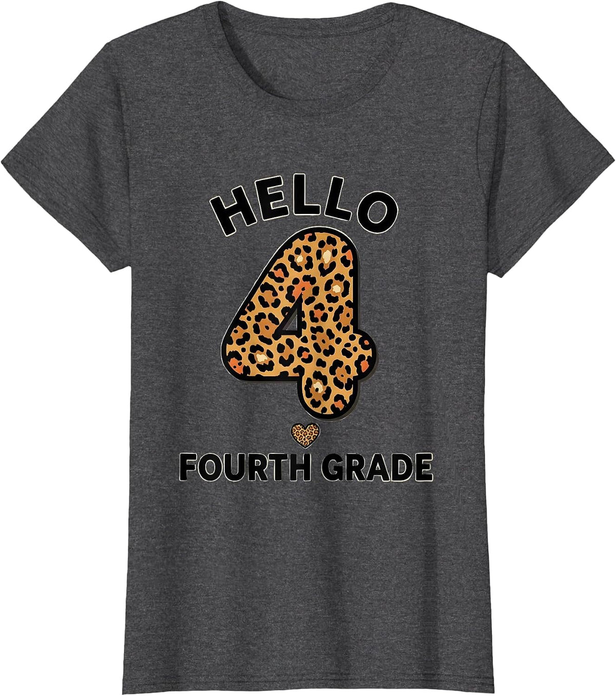 Women's Hello Fourth Grade Cute Leopard Print Teacher Back To School T-Shirt - Dark Heather Grey