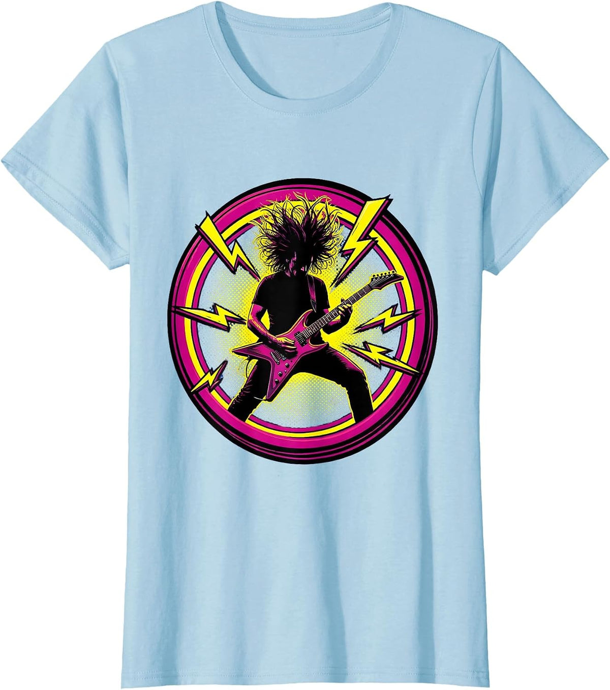 80s Hair Metal Guitarist Shredding on Stage T-Shirt - Baby Blue