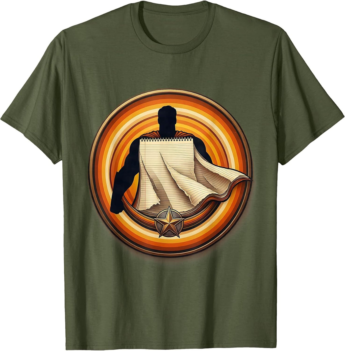 Men's Paraprofessional Superhero Notebook Paper Cape T-Shirt - Olive Green