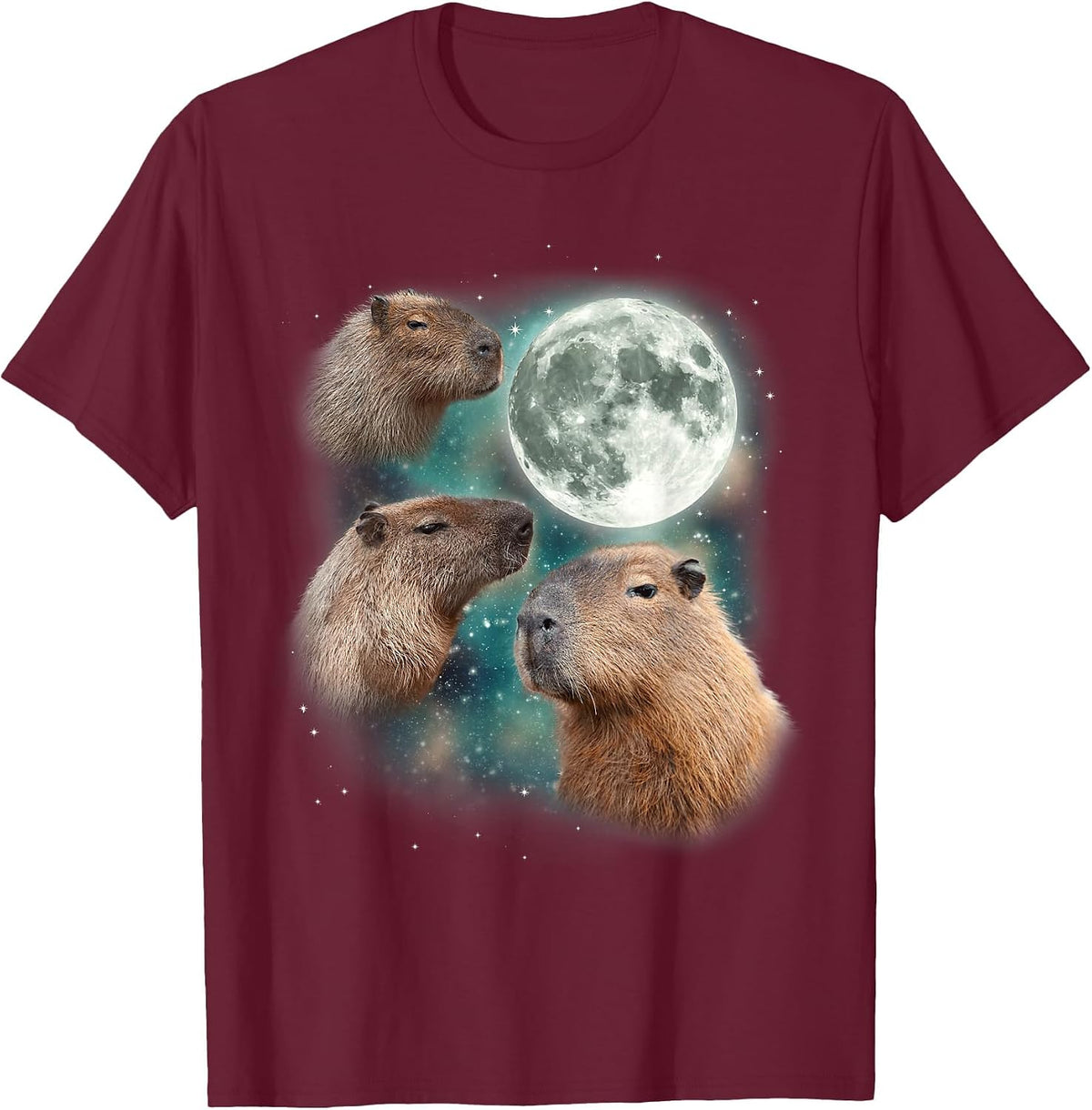 3 Capybara Moon Giant Rodents Weird Howling Parody T-Shirt - Burgundy