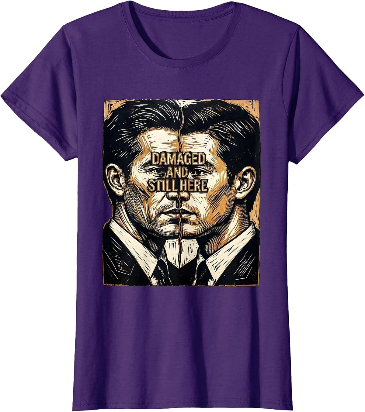 Women's Damaged And Still Here Linocut Mental Health Awareness T-Shirt - Purple