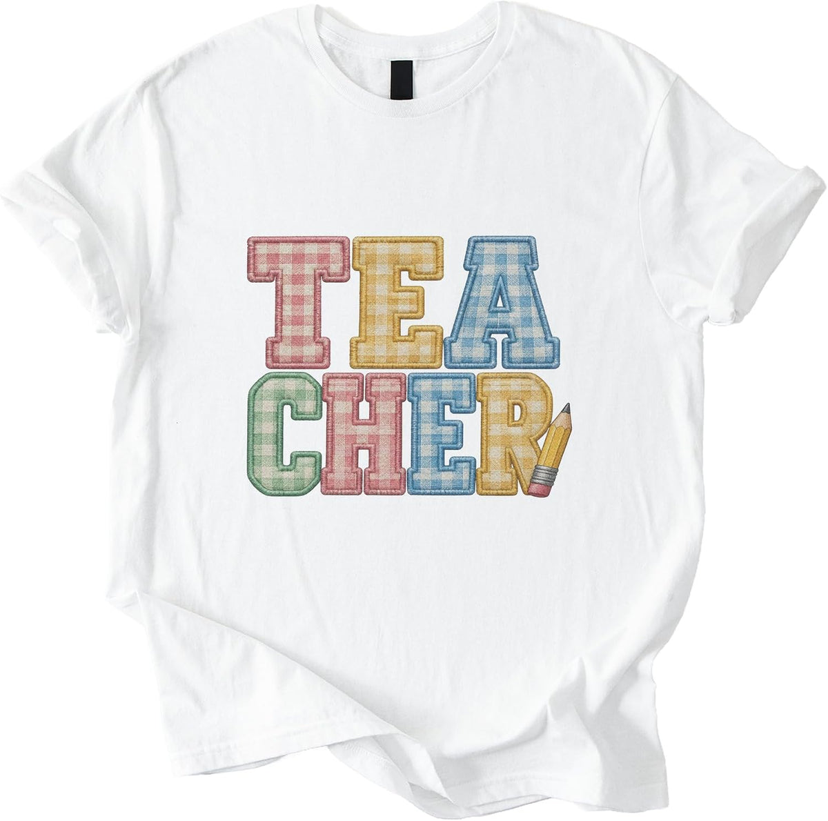 Amazon Bulk 28 05 Gingham Applique Teacher Tshirt Unisex T-Shirt - White