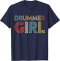 Drummer Girl Retro Vintage Drumming Musician Percussionist T-Shirt - Navy Blue
