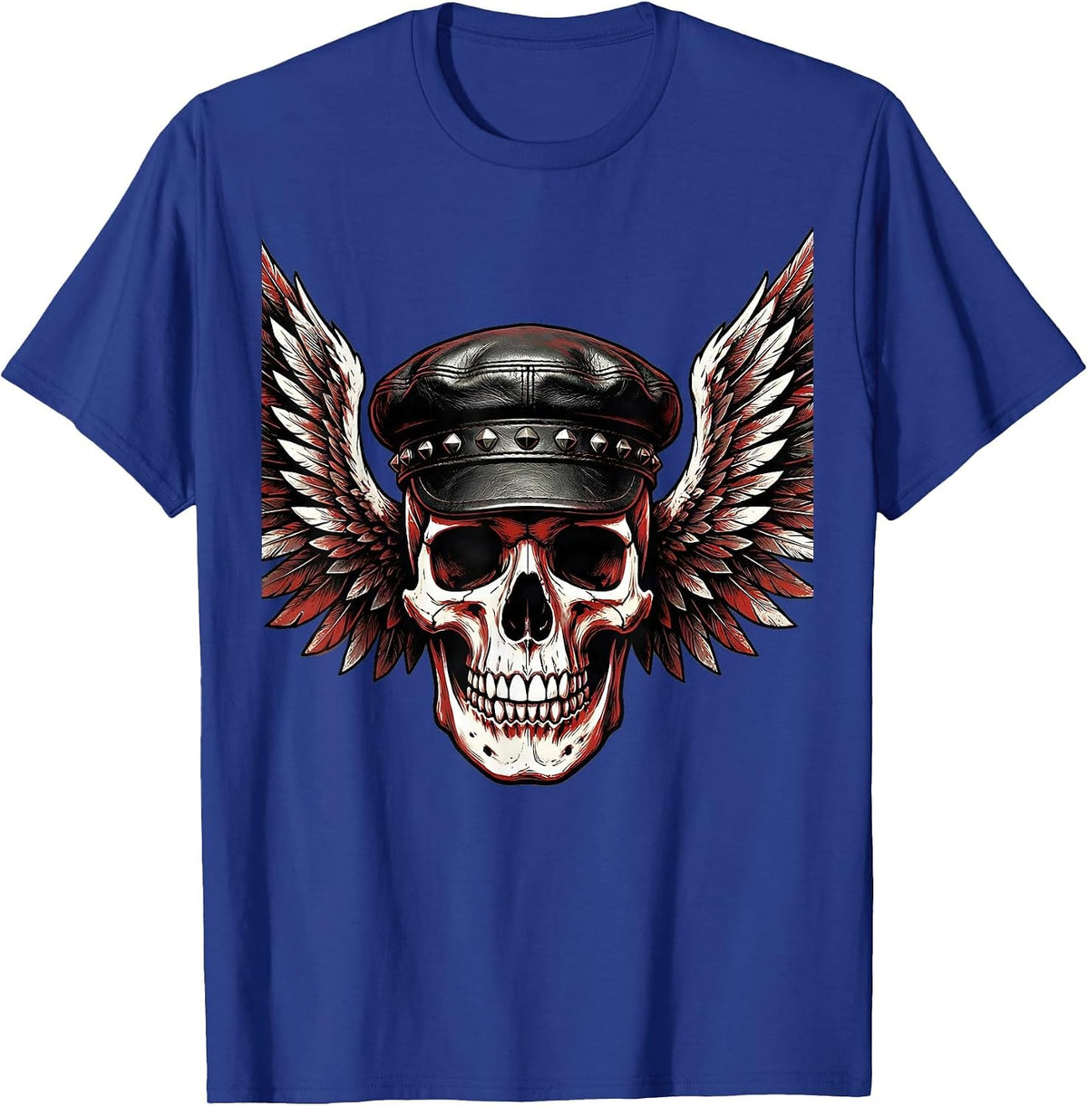 Winged Skull Leather Cap Punk Rock Graphic T-Shirt - Royal Blue