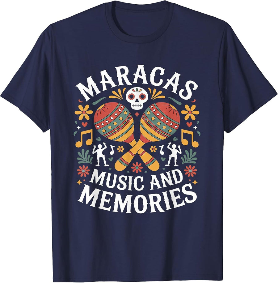 Maracas Music and Memories Hispanic Heritage Month T-Shirt - Navy Blue