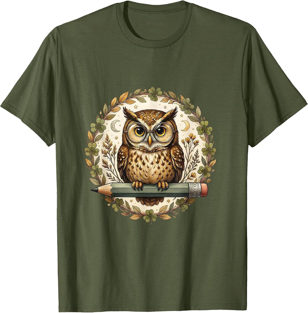 4th Grade Teacher Owl on Pencil Illustration T-Shirt - Olive Green