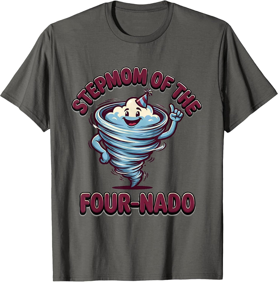 Stepmom Of The Four-Nado Funny Tornado 4th Birthday Party T-Shirt - Asphalt Grey