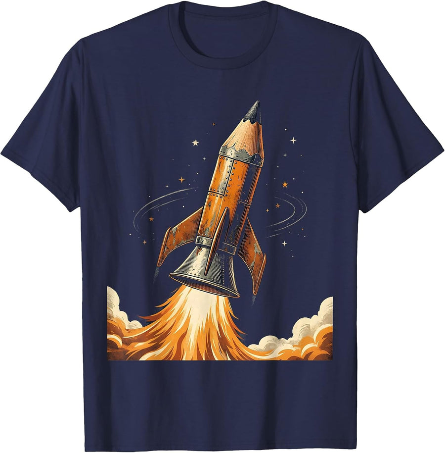 4th Grade Teacher Rocket Pencil Launch Design T-Shirt - Navy Blue