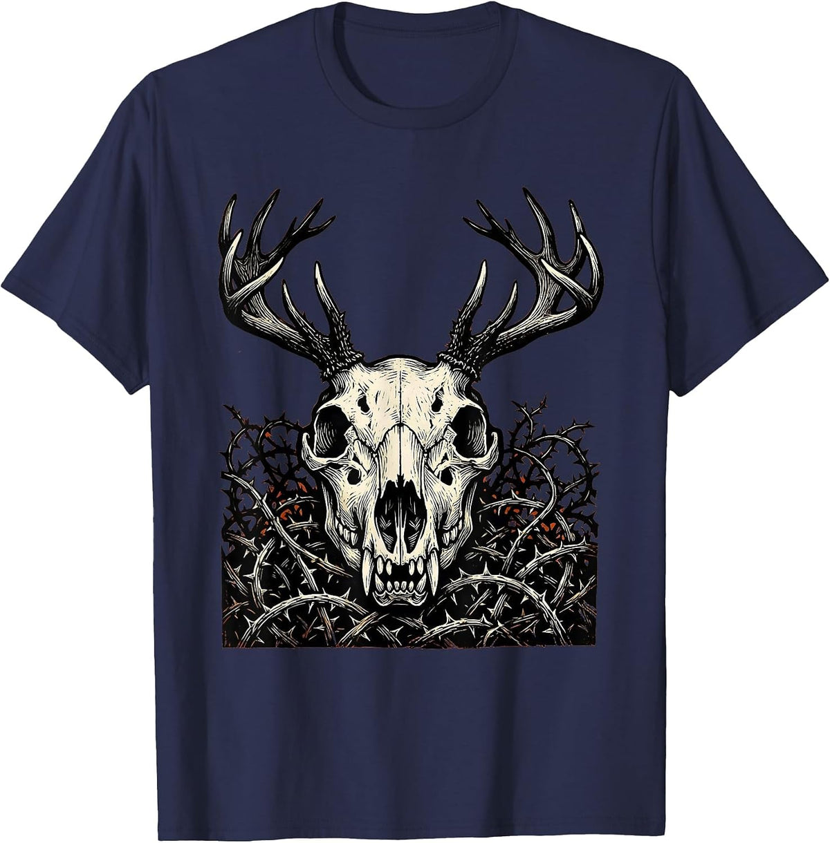 Wolf Skull Crowned Antlers and Thorns Halloween T-Shirt - Navy Blue