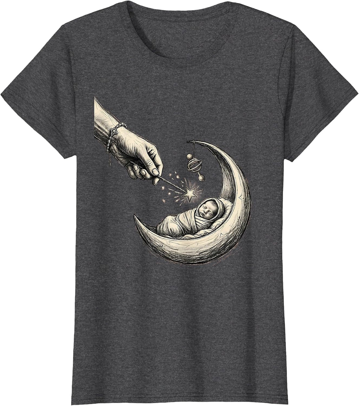 Women's Fairy Godmother New Baby Gift Hand-Sketched Magic Wand Humor T-Shirt - Dark Heather Grey