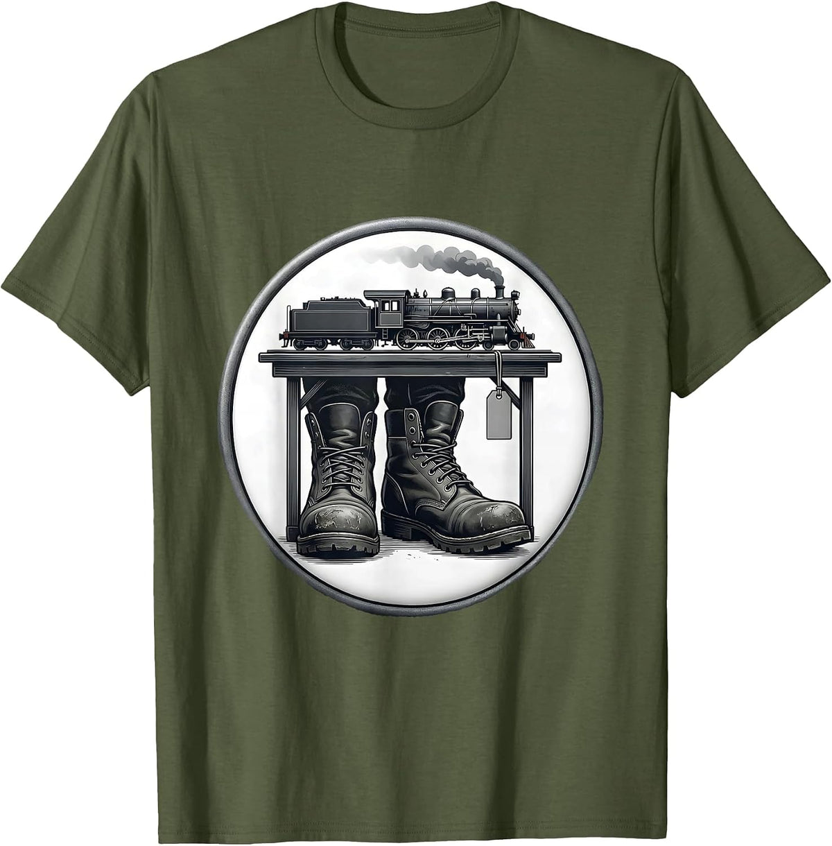 Sealed Boot Train Hobbyist Model Railroad Locomotive Humor T-Shirt - Olive Green