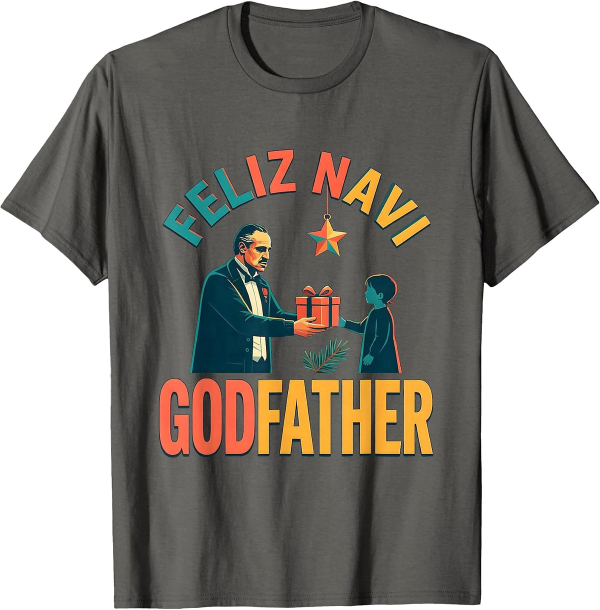 Men's Feliz Navi Godfather Funny Christmas Dad Pun Ugly Sweater T-Shirt - Asphalt Grey