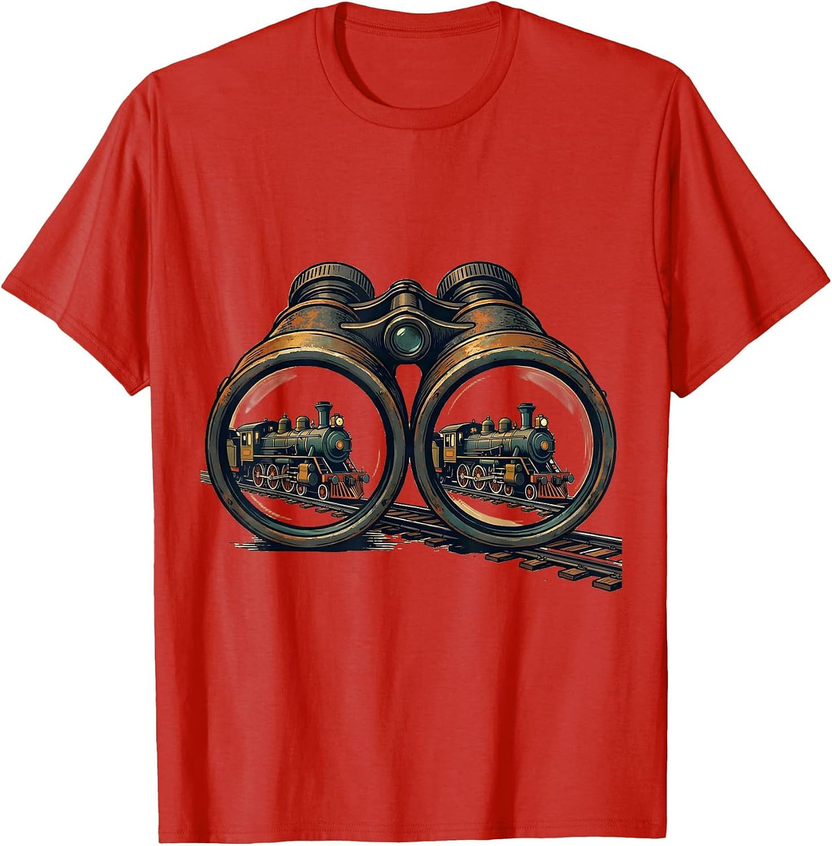 Men's Oversized Binoculars Steam Locomotive Train Enthusiast Humor T-Shirt - Red