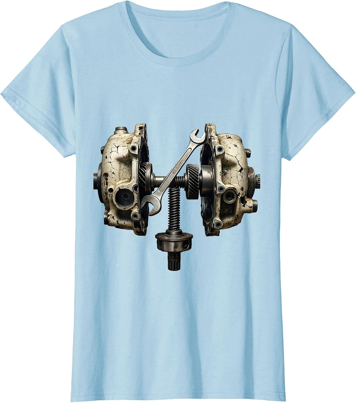 Women's Split Crankcase Distressed Car Guy Mechanic Garage Humor T-Shirt - Baby Blue