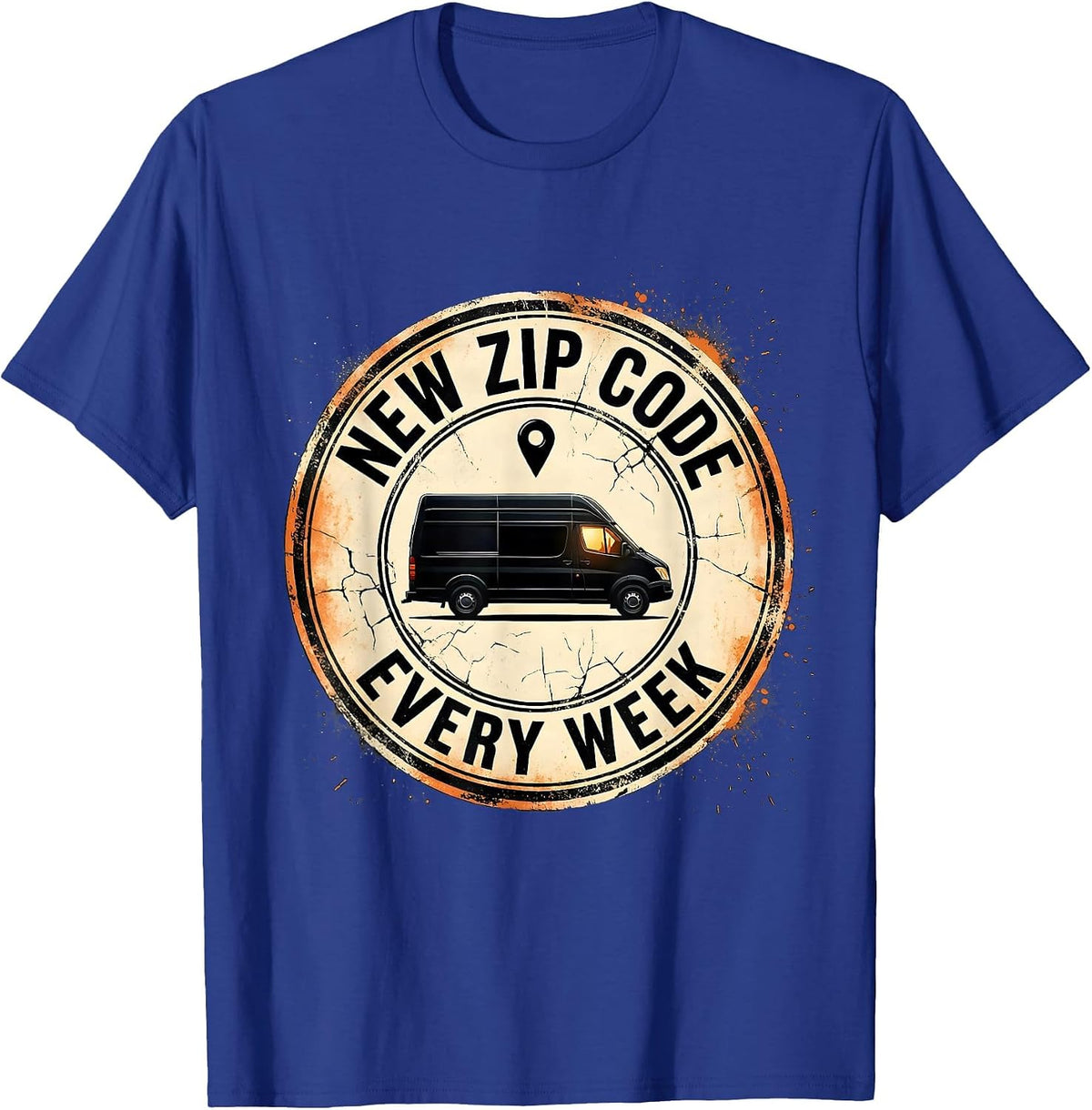 Men's New Zip Code Every Week Distressed Van Life Retro Road Trip T-Shirt - Royal Blue