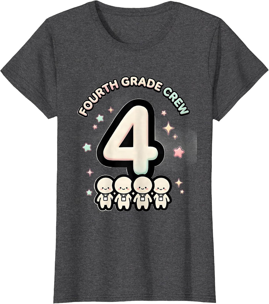 Women's Fourth Grade Crew Cute Kawaii Teacher Back To School T-Shirt - Dark Heather Grey