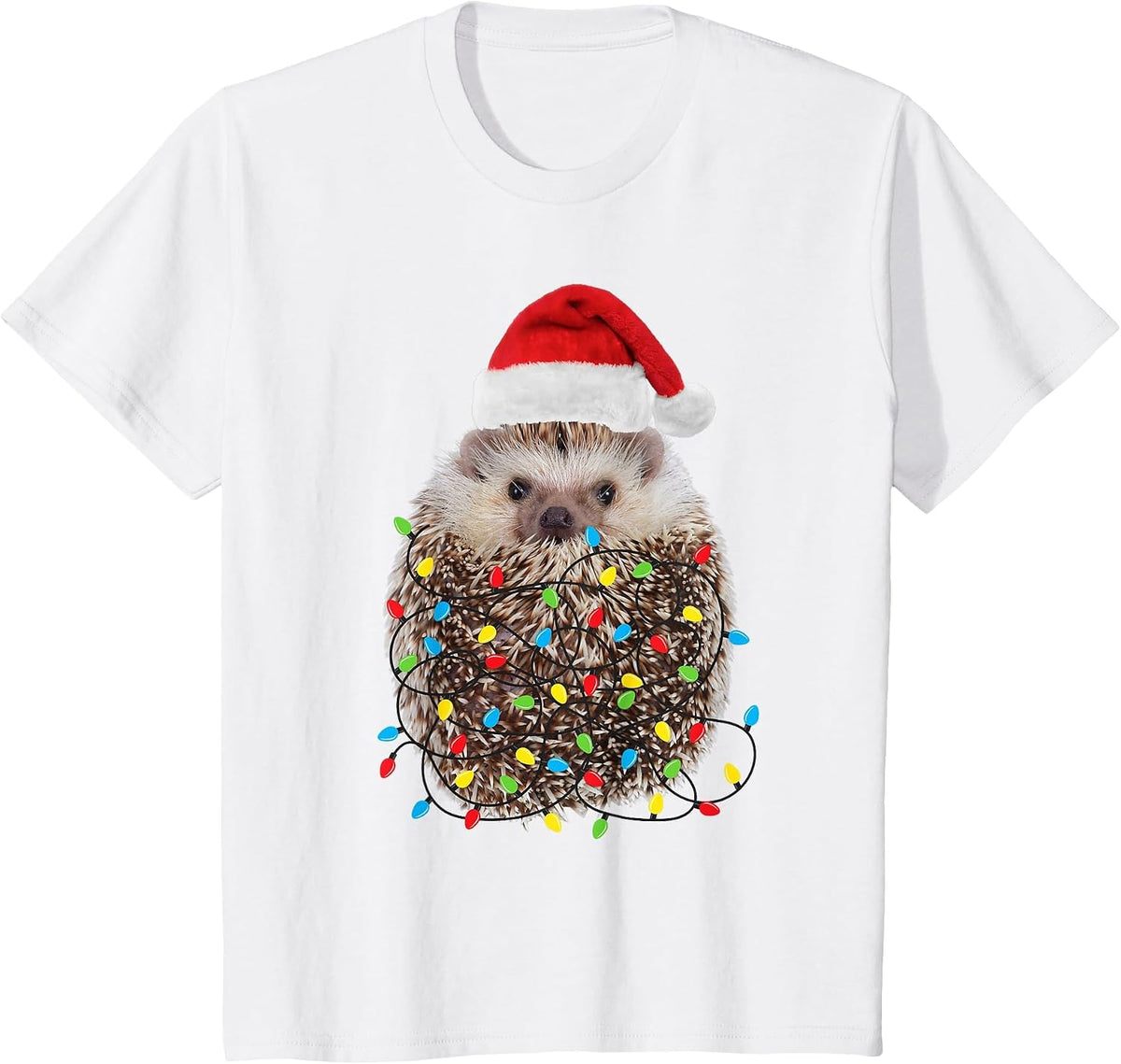 Cute Hedgehog Santa Hat Chritmas Lights T-Shirt - White