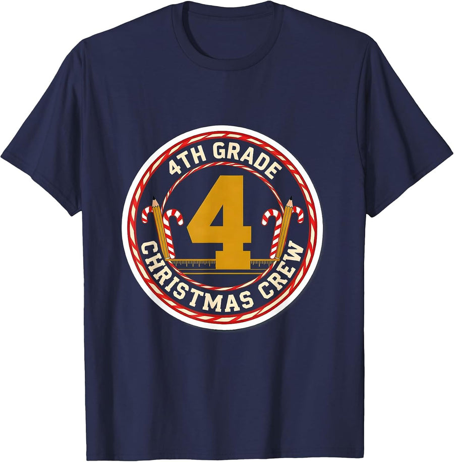 4th Grade Christmas Crew Teacher Holiday Humor T-Shirt - Navy Blue
