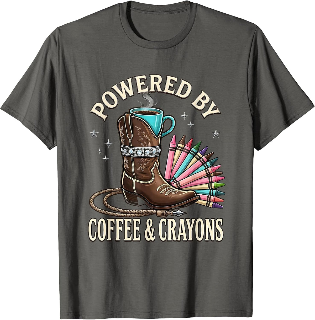 Powered by Coffee and Crayons 4th Grade Teacher T-Shirt - Asphalt Grey