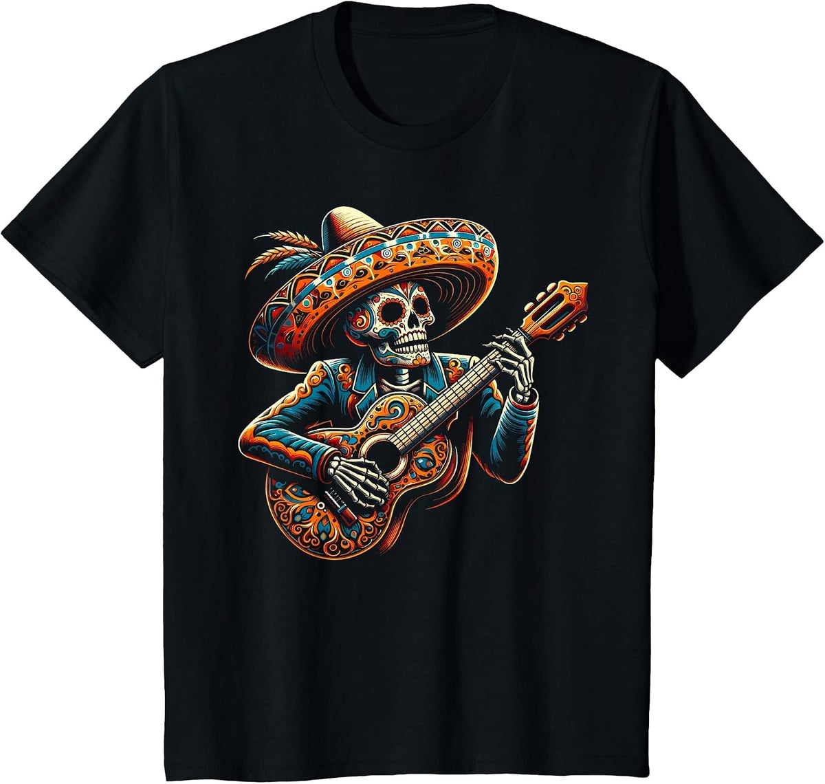Funny Cinco De Mayo Skeleton Skull Fiesta Sombreros Guitar T-Shirt - Black