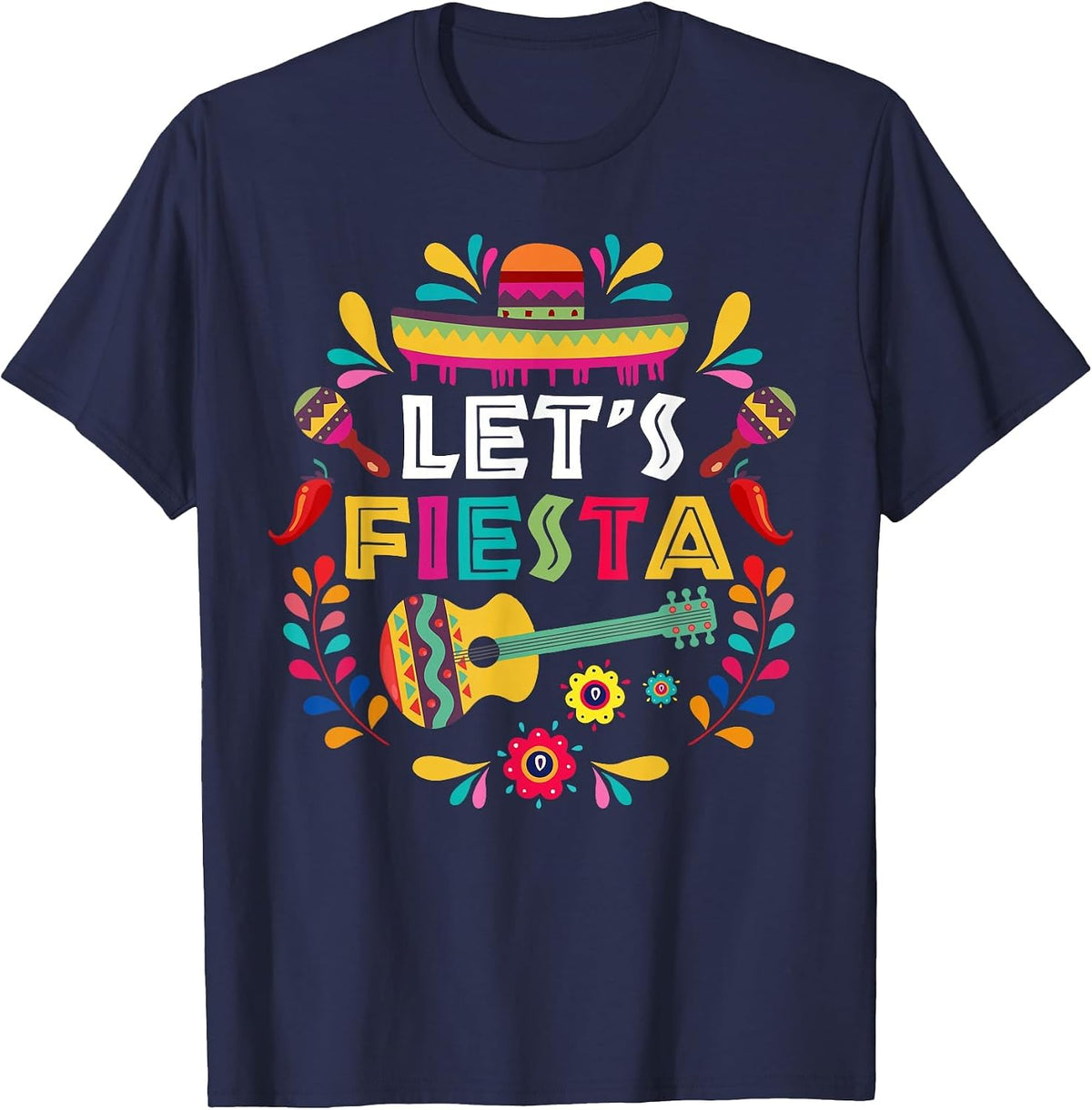 Lets Mexican Fiesta Cinco De Mayo Party Colourful Guitar Fun T-Shirt - Navy Blue