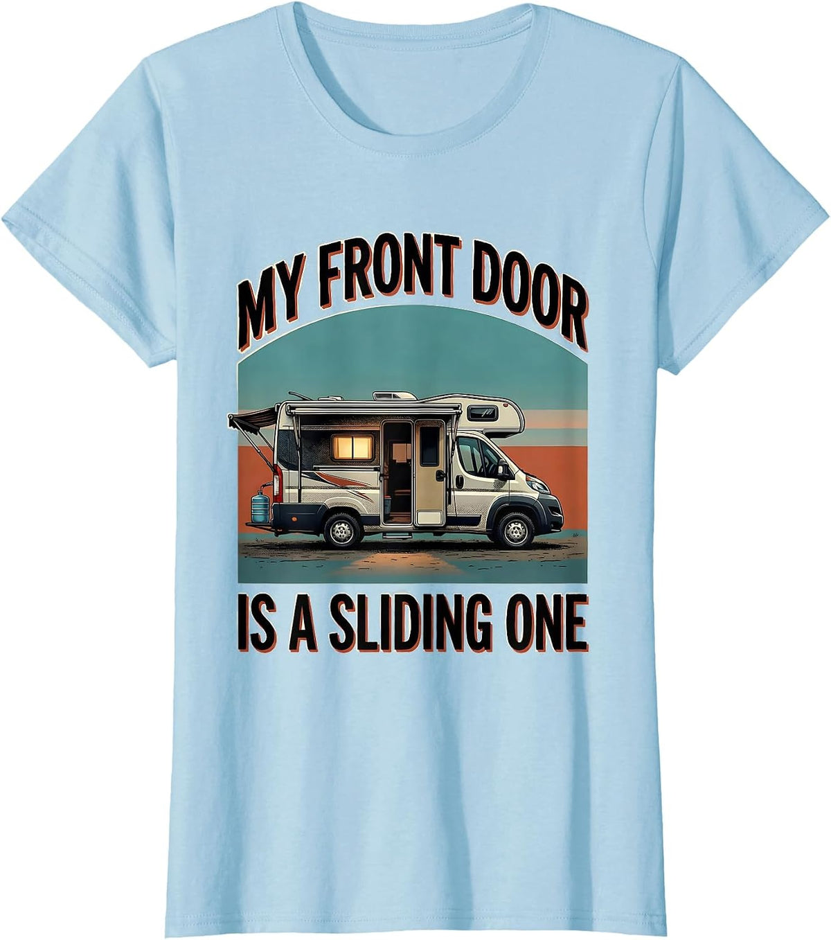 Women's My Front Door Is A Sliding One Retro Van Life Road Trip T-Shirt - Baby Blue